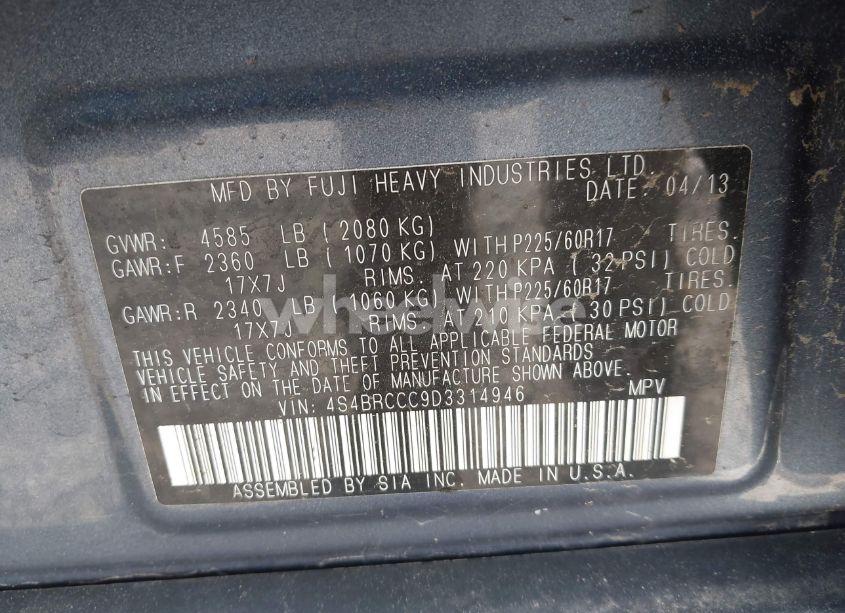 Photo 9 of 2013 Subaru Outback 2.5I PREMIUM (VIN 4S4BRCCC9D3314946)