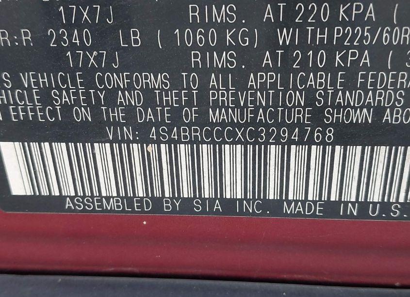 Photo 9 of 2012 Subaru Outback 2.5I PREMIUM (VIN 4S4BRCCCXC3294768)