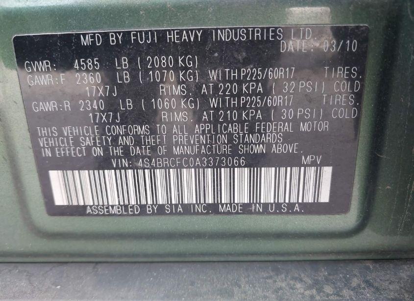 Photo 9 of 2010 Subaru Outback 2.5I PREMIUM (VIN 4S4BRCFC0A3373066)