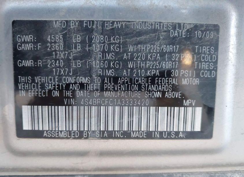 Photo 9 of 2010 Subaru Outback 2.5I PREMIUM (VIN 4S4BRCFC1A3333420)