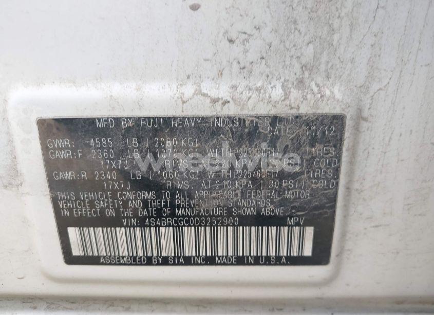 Photo 9 of 2013 Subaru Outback 2.5I PREMIUM (VIN 4S4BRCGC0D3252900)