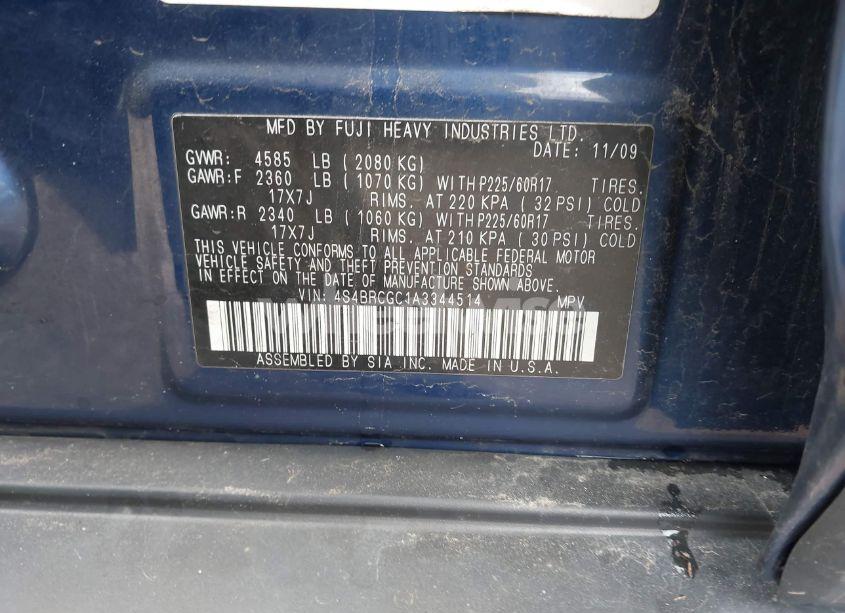 Photo 9 of 2010 Subaru Outback 2.5I PREMIUM (VIN 4S4BRCGC1A3344514)