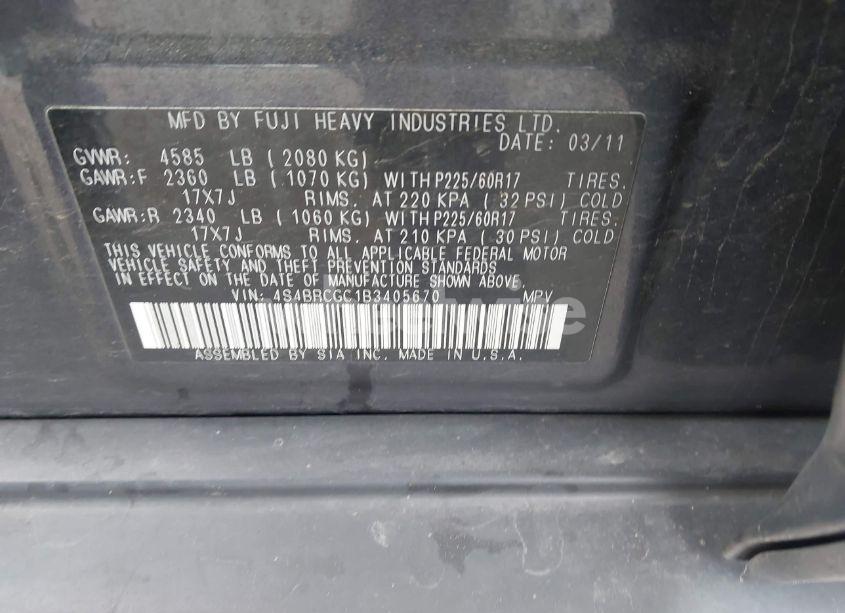 Photo 9 of 2011 Subaru Outback 2.5I PREMIUM (VIN 4S4BRCGC1B3405670)