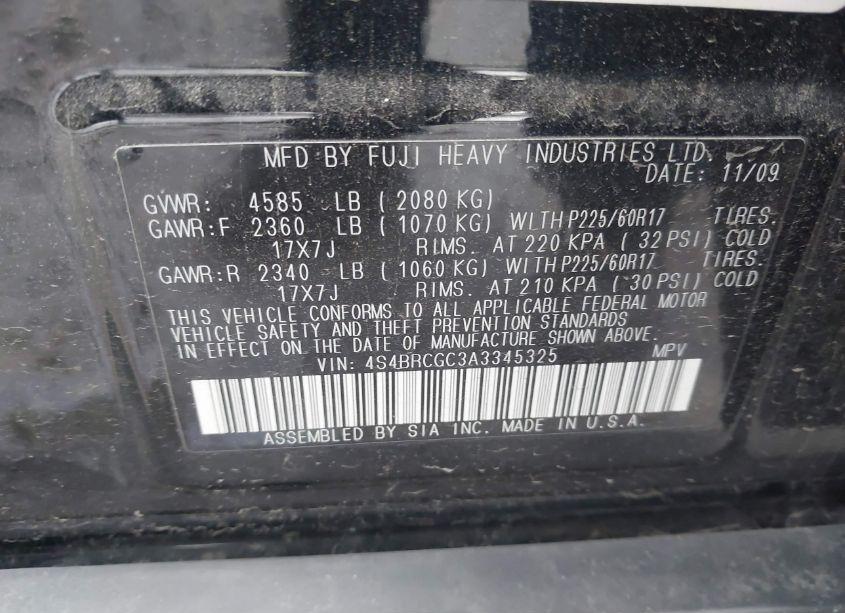 Photo 9 of 2010 Subaru Outback 2.5I PREMIUM (VIN 4S4BRCGC3A3345325)