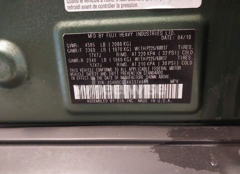 Photo 9 of 2010 Subaru Outback 2.5I PREMIUM (VIN 4S4BRCGC4A3374865)