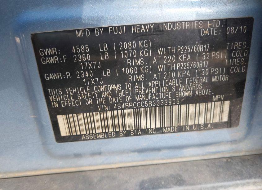 Photo 9 of 2011 Subaru Outback 2.5I PREMIUM (VIN 4S4BRCGC5B3333906)