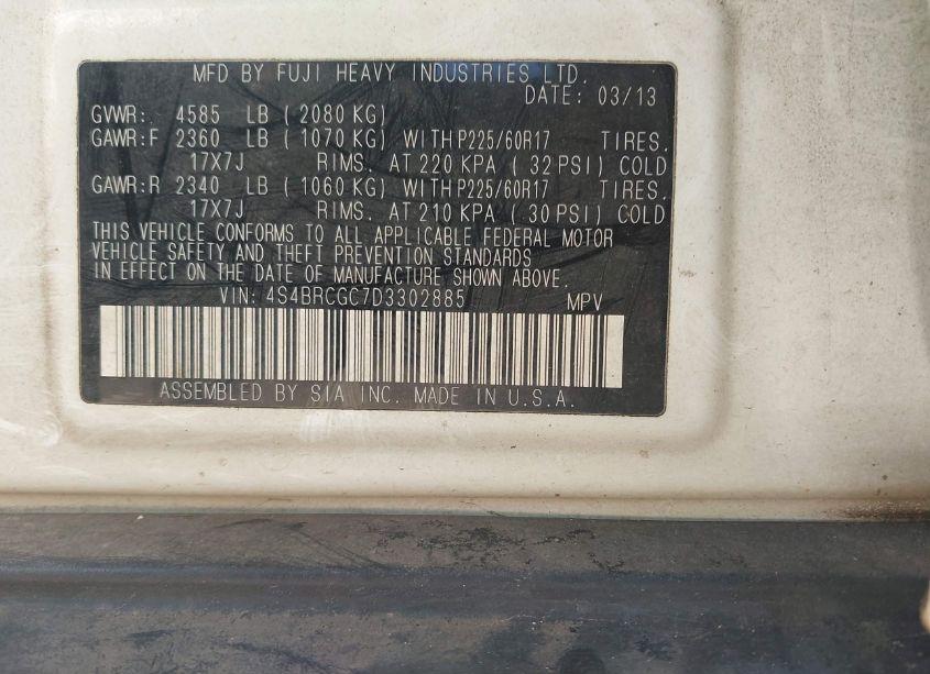 Photo 9 of 2013 Subaru Outback 2.5I PREMIUM (VIN 4S4BRCGC7D3302885)