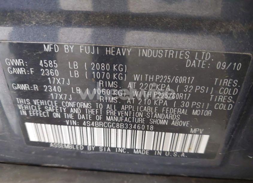 Photo 9 of 2011 Subaru Outback 2.5I PREMIUM (VIN 4S4BRCGC8B3346018)