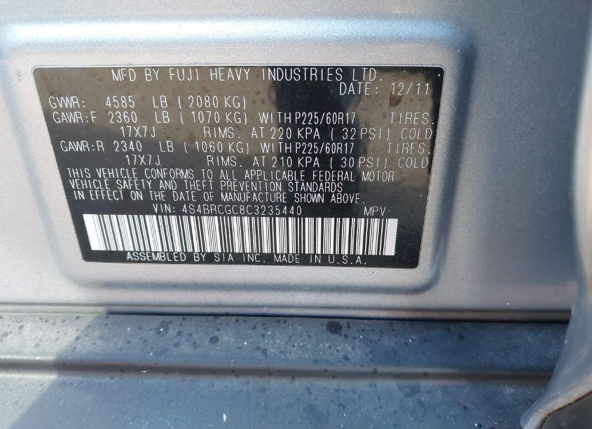 Photo 9 of 2012 Subaru Outback 2.5I PREMIUM (VIN 4S4BRCGC8C3235440)