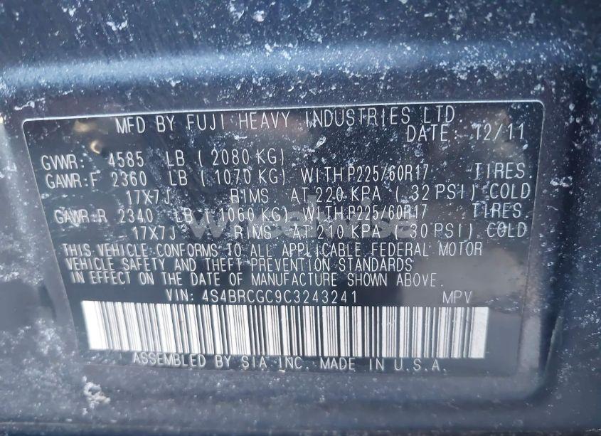 Photo 9 of 2012 Subaru Outback 2.5I PREMIUM (VIN 4S4BRCGC9C3243241)