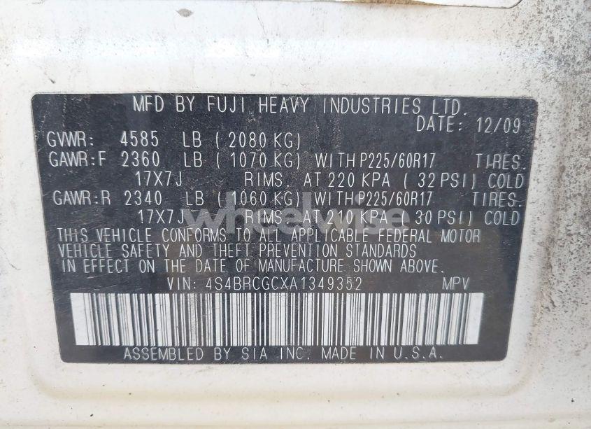 Photo 9 of 2010 Subaru Outback 2.5I PREMIUM (VIN 4S4BRCGCXA1349352)