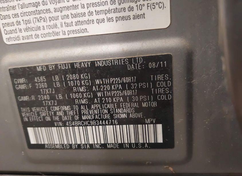 Photo 9 of 2011 Subaru Outback 2.5I PREMIUM (VIN 4S4BRCHC9B3444716)