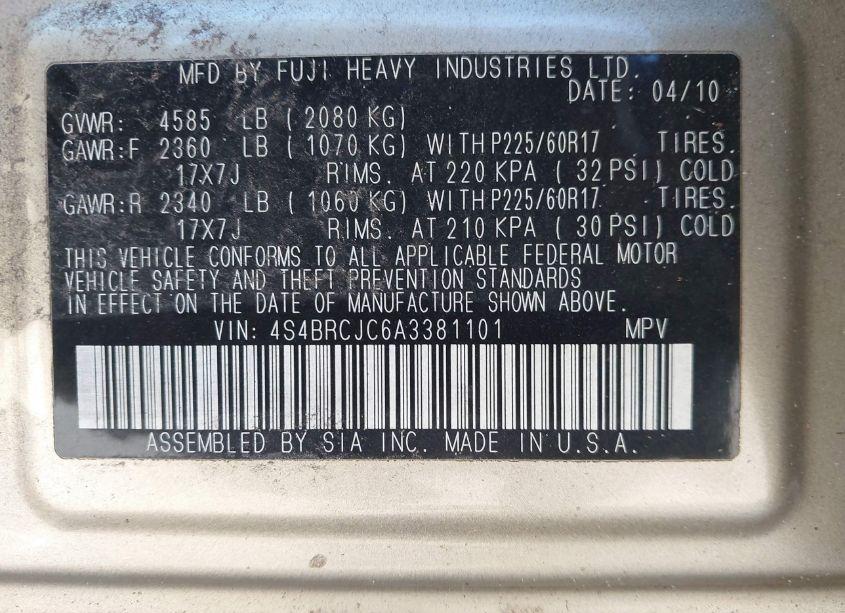 Photo 9 of 2010 Subaru Outback 2.5I LIMITED (VIN 4S4BRCJC6A3381101)