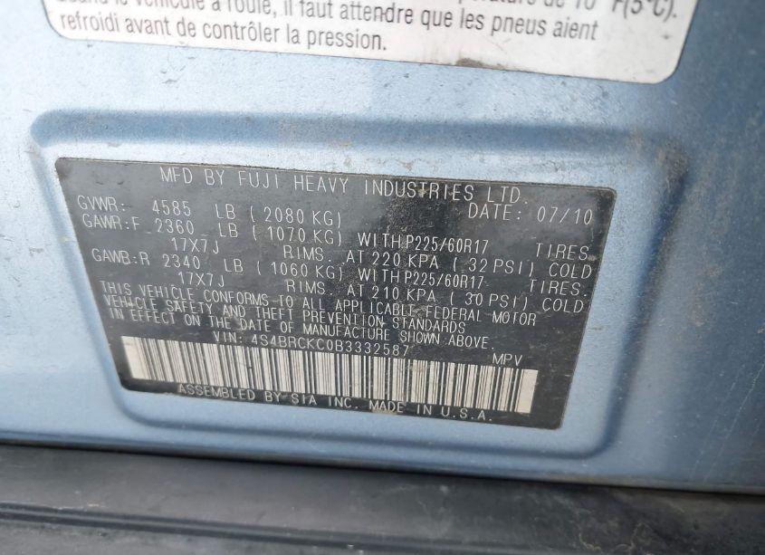 Photo 9 of 2011 Subaru Outback 2.5I LIMITED (VIN 4S4BRCKC0B3332587)