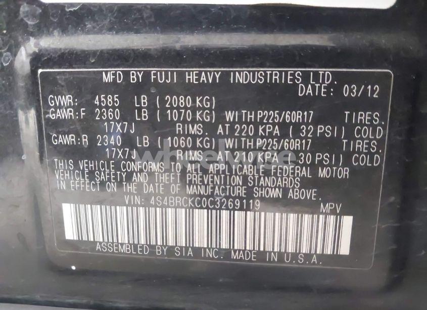 Photo 9 of 2012 Subaru Outback 2.5I LIMITED (VIN 4S4BRCKC0C3269119)