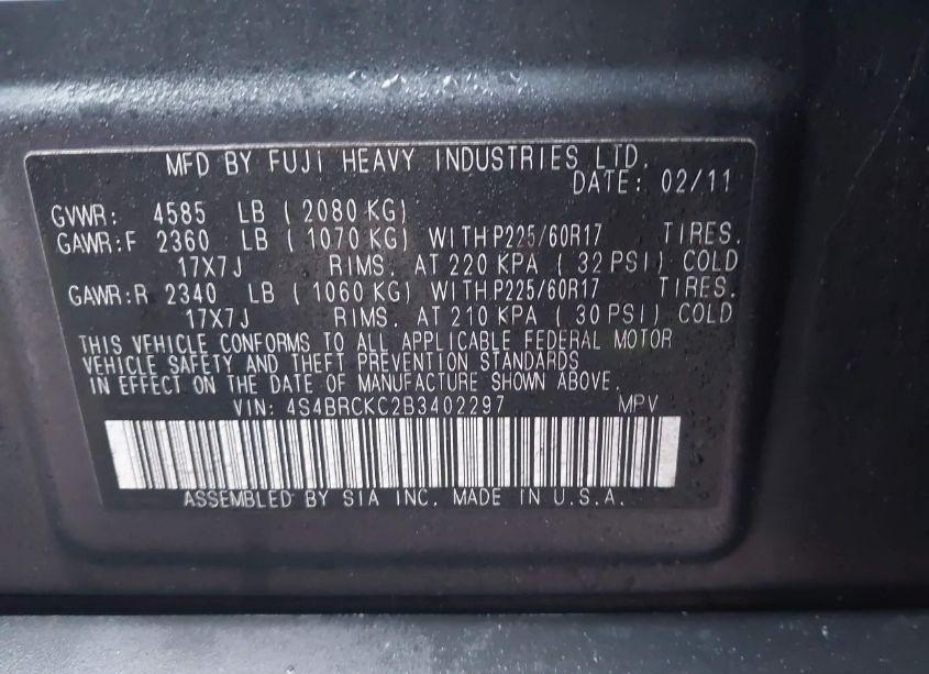 Photo 9 of 2011 Subaru Outback 2.5I LIMITED (VIN 4S4BRCKC2B3402297)