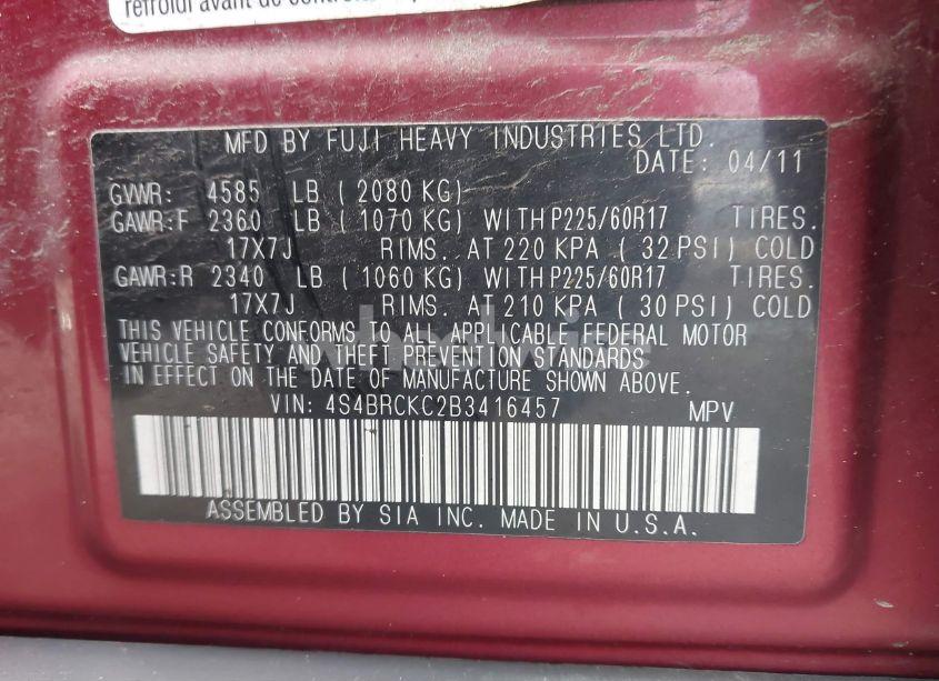 Photo 9 of 2011 Subaru Outback 2.5I LIMITED (VIN 4S4BRCKC2B3416457)