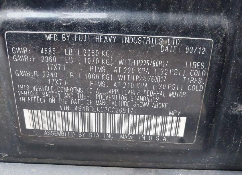 Photo 9 of 2012 Subaru Outback 2.5I LIMITED (VIN 4S4BRCKC2C3269171)