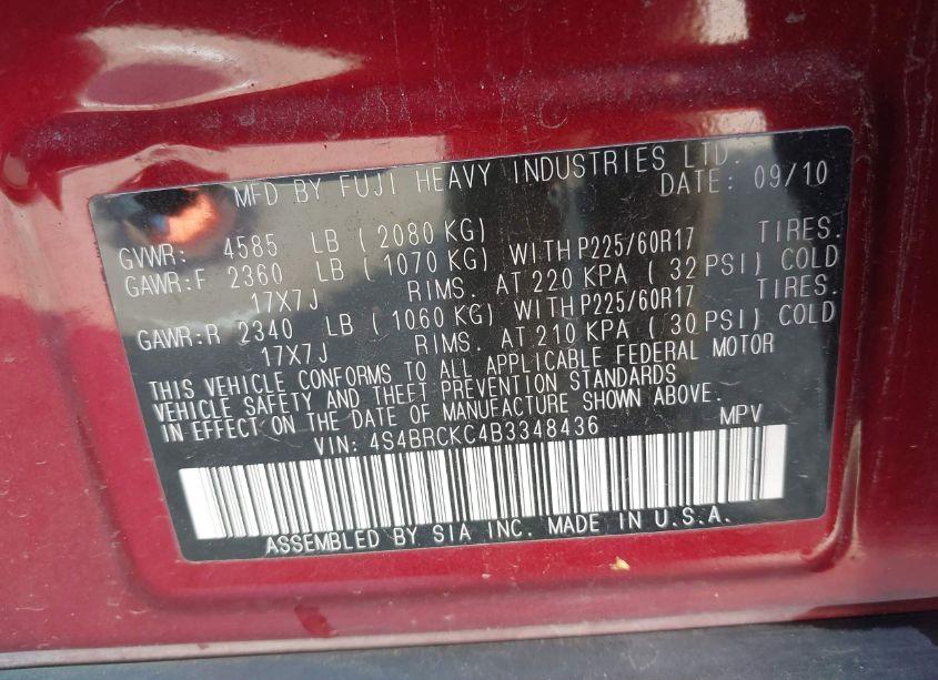 Photo 9 of 2011 Subaru Outback 2.5I LIMITED (VIN 4S4BRCKC4B3348436)