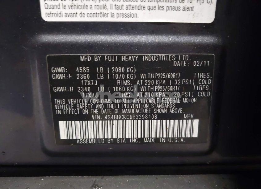 Photo 9 of 2011 Subaru Outback 2.5I LIMITED (VIN 4S4BRCKC6B3398108)