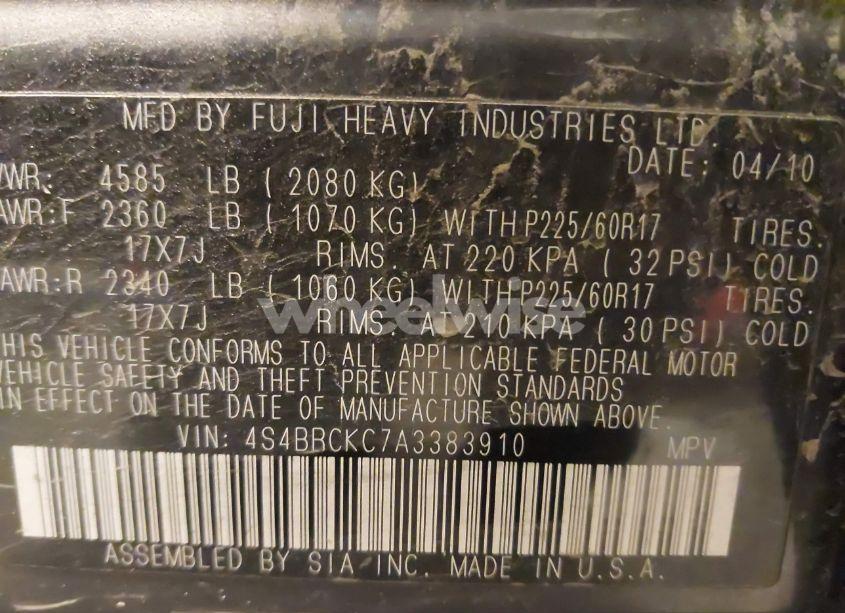 Photo 9 of 2010 Subaru Outback 2.5I LIMITED (VIN 4S4BRCKC7A3383910)