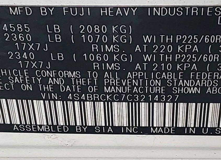 Photo 9 of 2012 Subaru Outback 2.5I LIMITED (VIN 4S4BRCKC7C3214327)