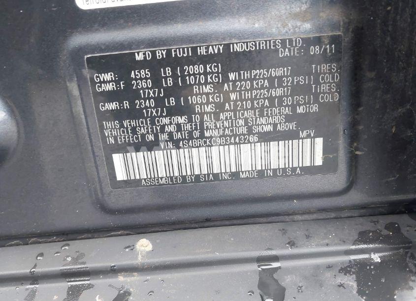 Photo 9 of 2011 Subaru Outback 2.5I LIMITED (VIN 4S4BRCKC9B3443266)