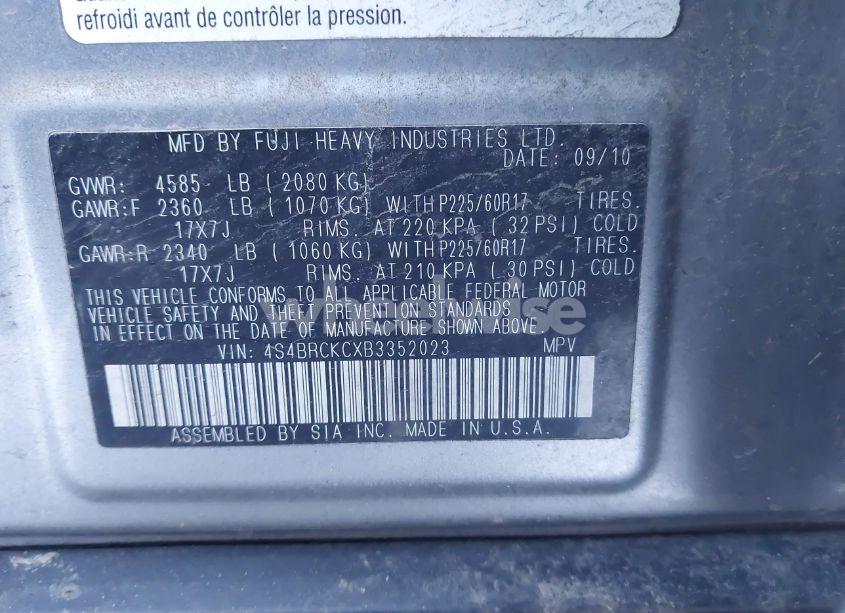 Photo 9 of 2011 Subaru Outback 2.5I LIMITED (VIN 4S4BRCKCXB3352023)