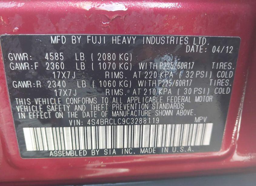 Photo 9 of 2012 Subaru Outback 2.5I LIMITED (VIN 4S4BRCLC9C3288119)