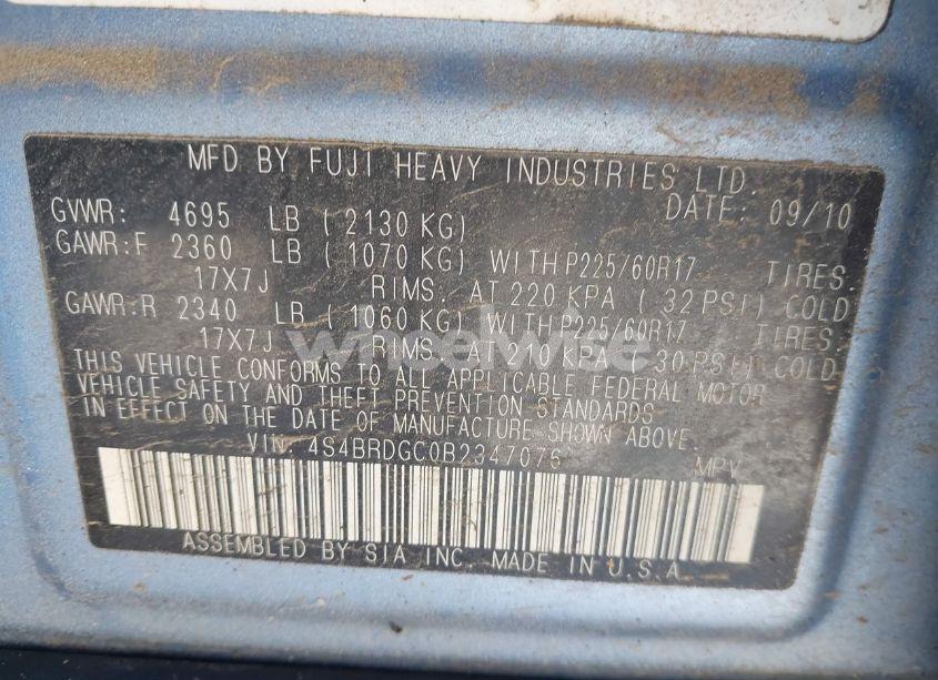 Photo 9 of 2011 Subaru Outback 3.6R PREMIUM (VIN 4S4BRDGC0B2347076)