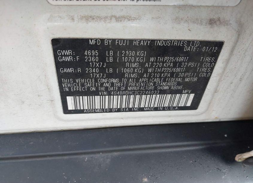 Photo 9 of 2012 Subaru Outback 3.6R PREMIUM (VIN 4S4BRDHC3C2246033)