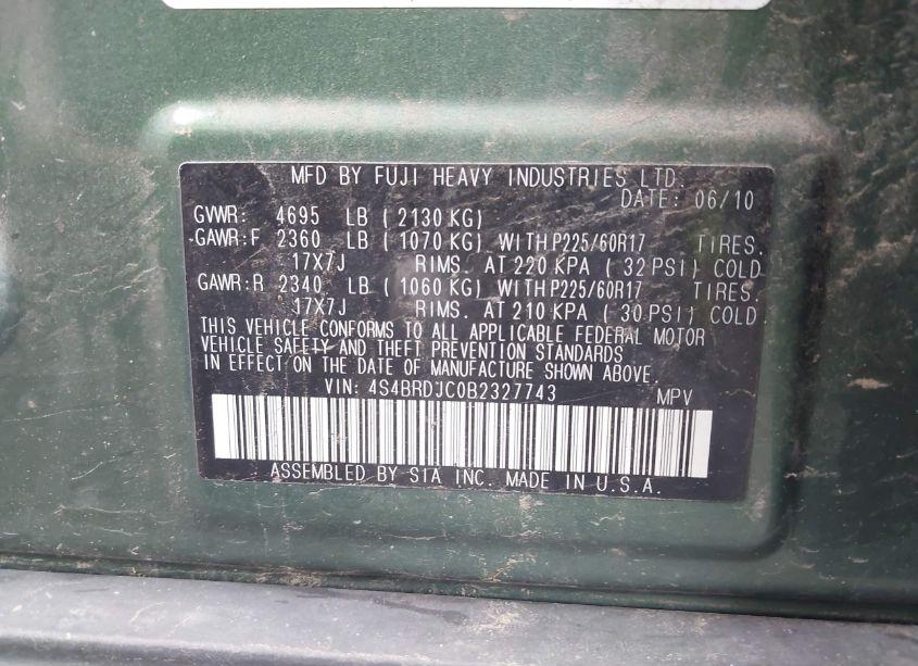 Photo 9 of 2011 Subaru Outback 3.6R LIMITED (VIN 4S4BRDJC0B2327743)