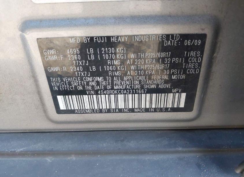 Photo 9 of 2010 Subaru Outback 3.6R LIMITED (VIN 4S4BRDKC0A2311667)