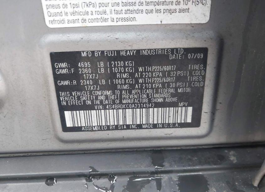 Photo 9 of 2010 Subaru Outback 3.6R LIMITED (VIN 4S4BRDKC0A2314942)