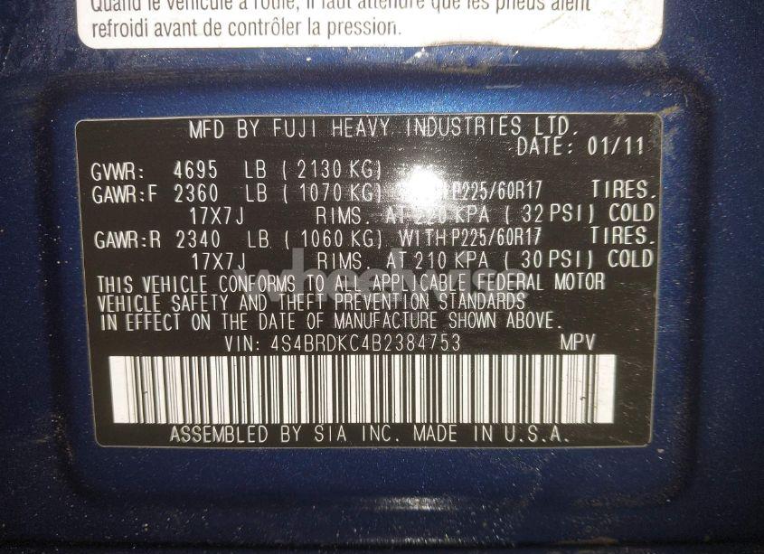 Photo 9 of 2011 Subaru Outback 3.6R LIMITED (VIN 4S4BRDKC4B2384753)