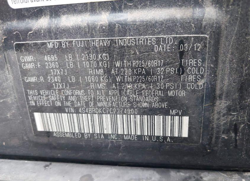 Photo 9 of 2012 Subaru Outback 3.6R LIMITED (VIN 4S4BRDKC7C2274300)