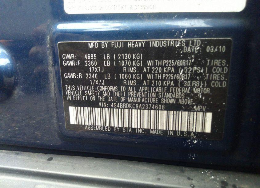 Photo 9 of 2010 Subaru Outback 3.6R LIMITED (VIN 4S4BRDKC9A2374606)