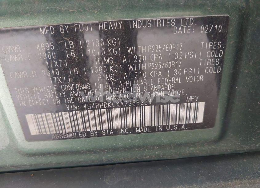 Photo 9 of 2010 Subaru Outback 3.6R LIMITED (VIN 4S4BRDKCXA2365364)