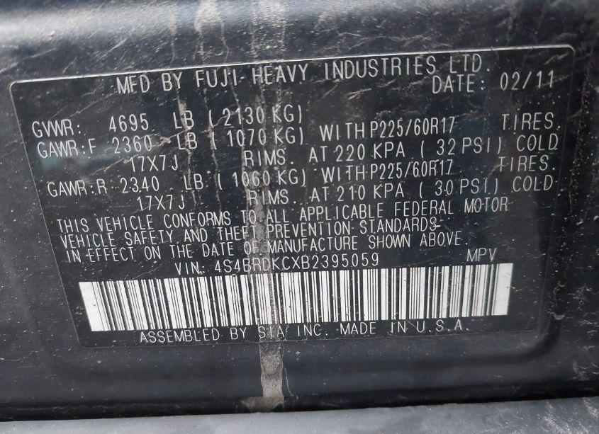 Photo 9 of 2011 Subaru Outback 3.6R LIMITED (VIN 4S4BRDKCXB2395059)