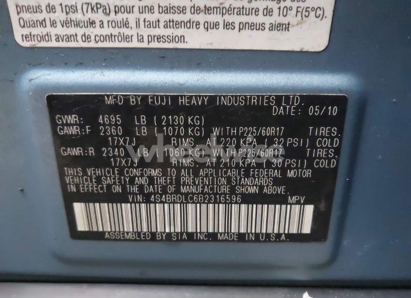 Photo 9 of 2011 Subaru Outback 3.6R LIMITED (VIN 4S4BRDLC6B2316596)