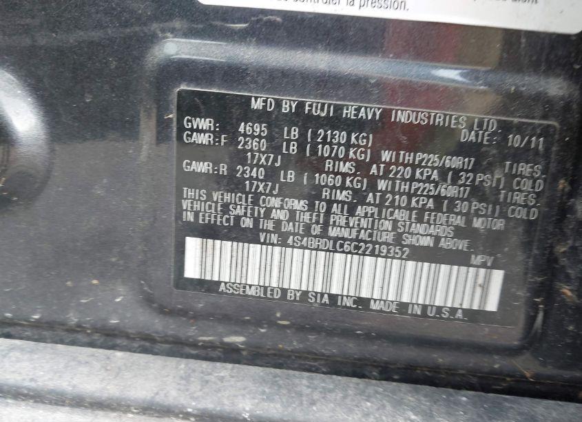 Photo 9 of 2012 Subaru Outback 3.6R LIMITED (VIN 4S4BRDLC6C2219352)