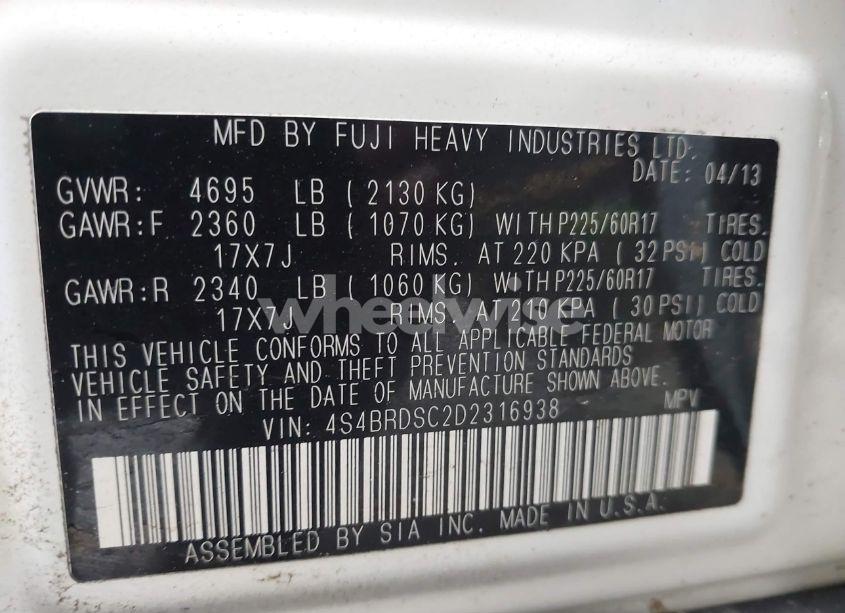 Photo 9 of 2013 Subaru Outback 3.6R LIMITED (VIN 4S4BRDSC2D2316938)