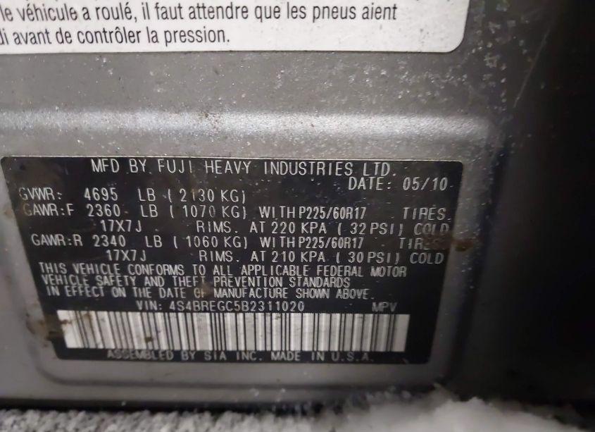 Photo 9 of 2011 Subaru Outback 3.6R PREMIUM (VIN 4S4BREGC5B2311020)