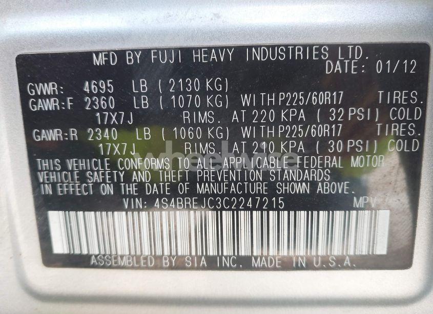 Photo 9 of 2012 Subaru Outback 3.6R LIMITED (VIN 4S4BREJC3C2247215)