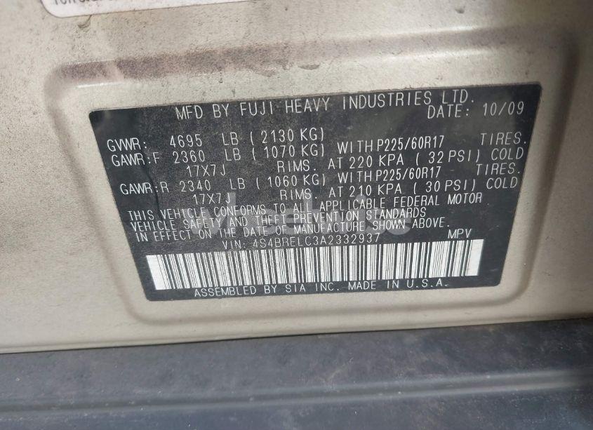 Photo 9 of 2010 Subaru Outback 3.6R LIMITED (VIN 4S4BRELC3A2332937)