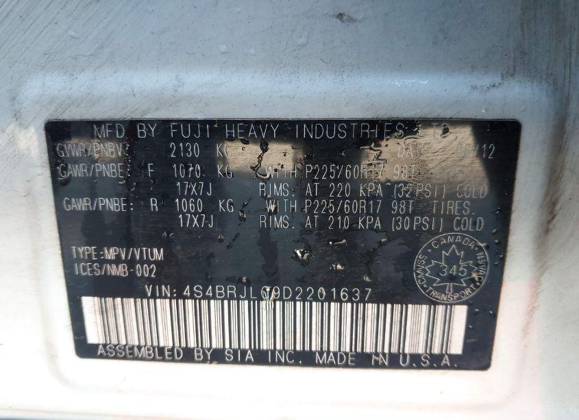 Photo 9 of 2013 Subaru Outback 3.6R LIMITED (VIN 4S4BRJLC9D2201637)