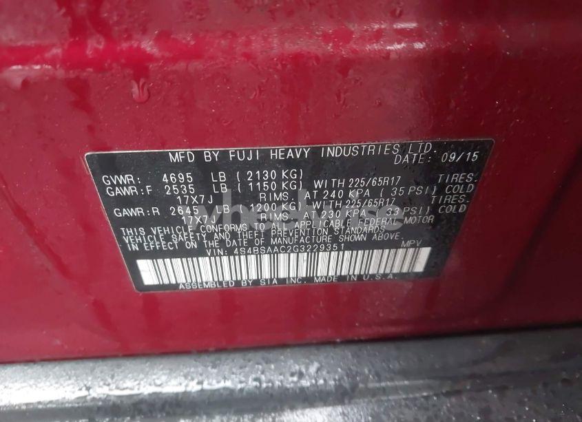 Photo 9 of 2016 Subaru Outback 2.5I (VIN 4S4BSAAC2G3229351)