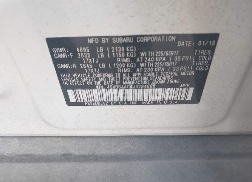 Photo 9 of 2018 Subaru Outback 2.5I (VIN 4S4BSAAC4J3294869)