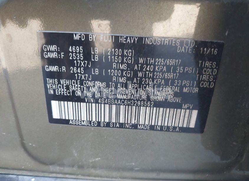 Photo 9 of 2017 Subaru Outback 2.5I (VIN 4S4BSAAC6H3298562)