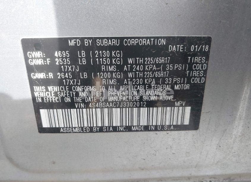 Photo 9 of 2018 Subaru Outback 2.5I (VIN 4S4BSAAC7J3302012)